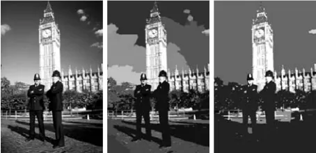 Figure 3. CSC results when processing a complex outdoor image. From left to right: the original image, a cautious approach and an aggressive approach