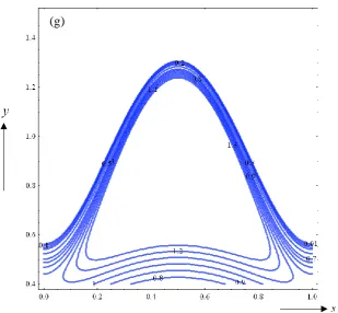 Fig.8. Stream lines in wave form at  0.6,Q0.9 (a)  =1, UHS =1, 1=1 (b)   =5, UHS =1, 1=1  (c) 