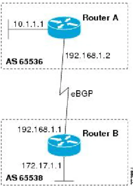 Figure 1: BGP Peers in Two Autonomous Systems Using 4-Byte Numbers