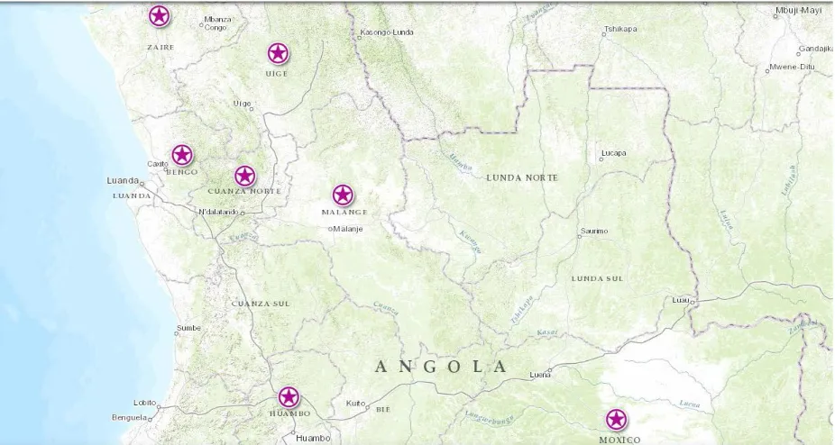 Figure 3-1. Angolan map showing the locations of the samples. Locations are (represented by red stars