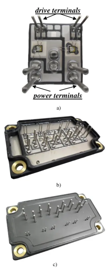 Fig. 4.  Assembled switches a), full power module b) and  encapsulated device c). 
