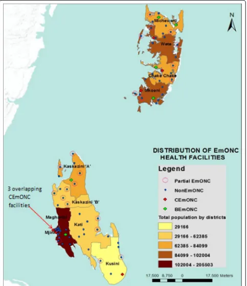 Fig. 2 District Populations and distribution of EmONC facilities in Zanzibar, 2012