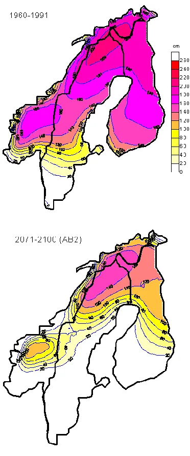 Fig. 9. Change of the maximum frost depth during an average year in the Nordic countries in areas which are kept clean of snow (roads, airfields etc.)