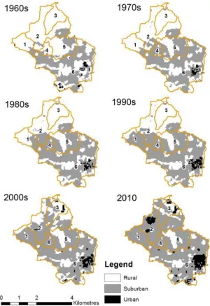 Fig. 7. Spatio-temporal change in urban land use across the study area. 