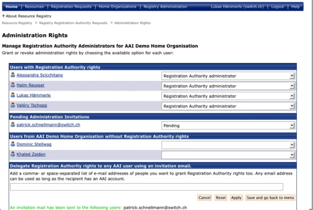 Figure  10  shows a situation where there is a pending invitation and where a user from a Figure 9: Manage administration rights