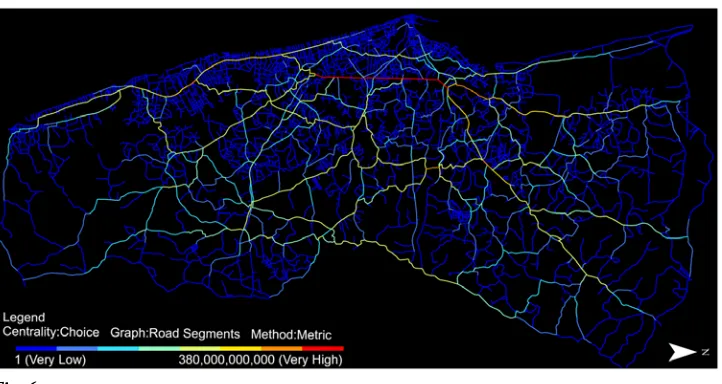 Fig. 6.The Map Depicts the Spatial Distribution of ‘Road Segments - Metric Distance - Choice’ Centrality 