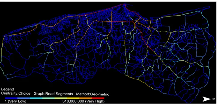 Fig. 7.The Map Depicts the Spatial Distribution of ‘Road Segments - Angular Distance (Geo-Metric) - Choice’ Centrality Values