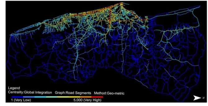 Fig. 4.The Map Depicts the Spatial Distribution of ‘Road Segments - Angular Distance (Geo-Metric) - Global 