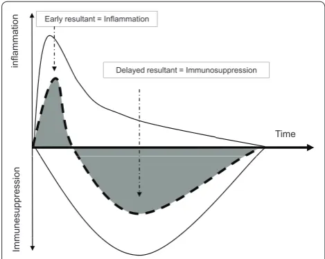 Figure 1. Simplifi ed description of systemic proinfl ammatory and anti-infl ammatory immune responses over time after septic shock