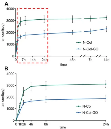 Figure 3. NAC release curve of N-Col-GO hybrid membrane after 14 d (A) and 24 h (B). The green curve indicates that most of the NAC, up to 3114.937±287.675 μg, was released within 24 h in N-Col membrane
