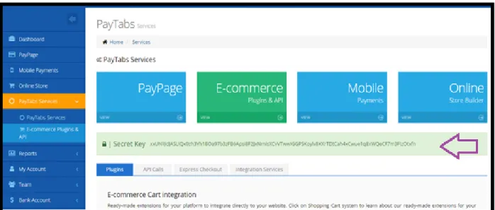 Fig: To find your secret key, go to PayTabs Services >> E-commerce Plugins and API