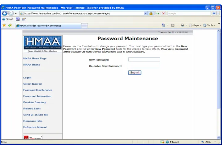 FIGURE 1.3: HMAA Online for Providers Password Maintenance Page.  Change your password on this screen