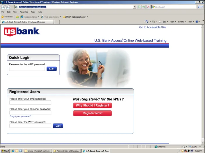 Figure 1 is the initial login page for Access Online WBT. All individuals associated with the  USDA Card Program need to use the login at the bottom of the page under the “Registered  Users” header, to sign in for their appropriate training