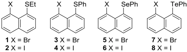 Figure 2 The products of single substitution reactions of 1,8-dibromo and 1,8-diiodonaphthalene with diphenyl dichalcogenides