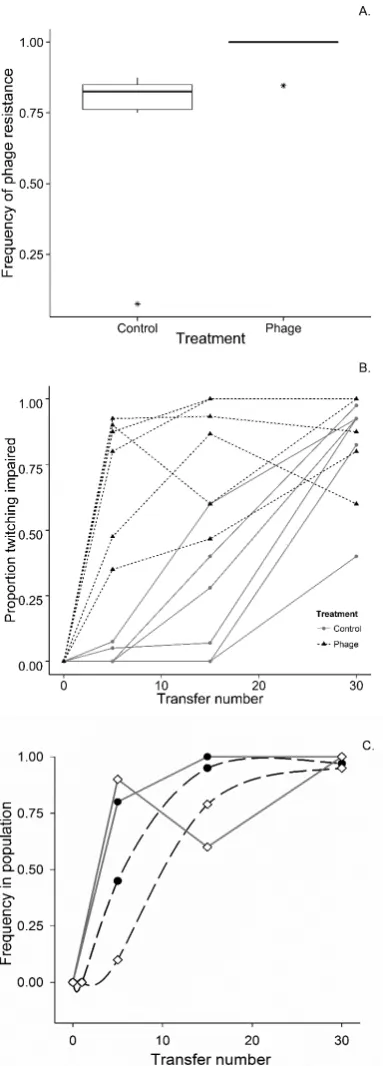 Fig. 3.| The evolution of resistance to phages and pilus-dependent twitch-ing motility traits