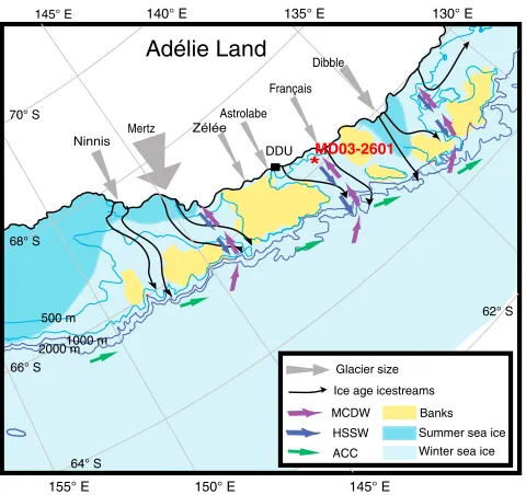 Figure 1. Site location in the SIZ, Adélie Land, East Antarctica. Core MD03-2601 is highlighted with a red asterisk