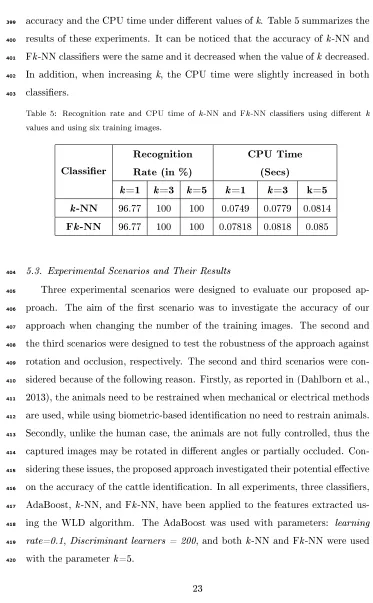 Table 5: Recognition rate and CPU time of k-NN and Fk-NN classiers using dierent k
