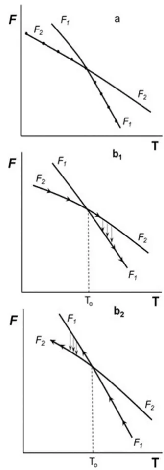 Figure 5.  a. Two curves of free energy, reflect the actualindicates theF1, and F2, representing two phases involved in a first-order phase transition
