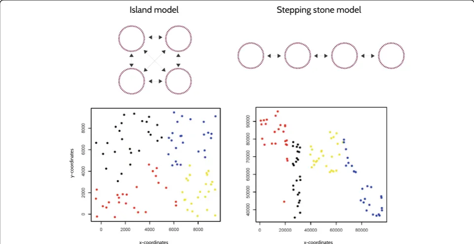 Fig. 2 Graphical representation of island and stepping stone migration models (IS and SS) in the panel above