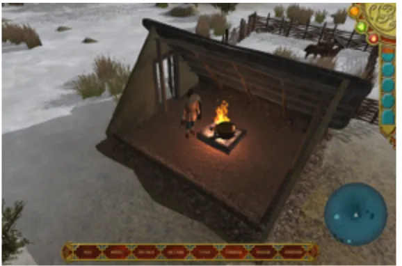Figure 1: The player’s avatar cooking inside his hut, from a third person perspective.
