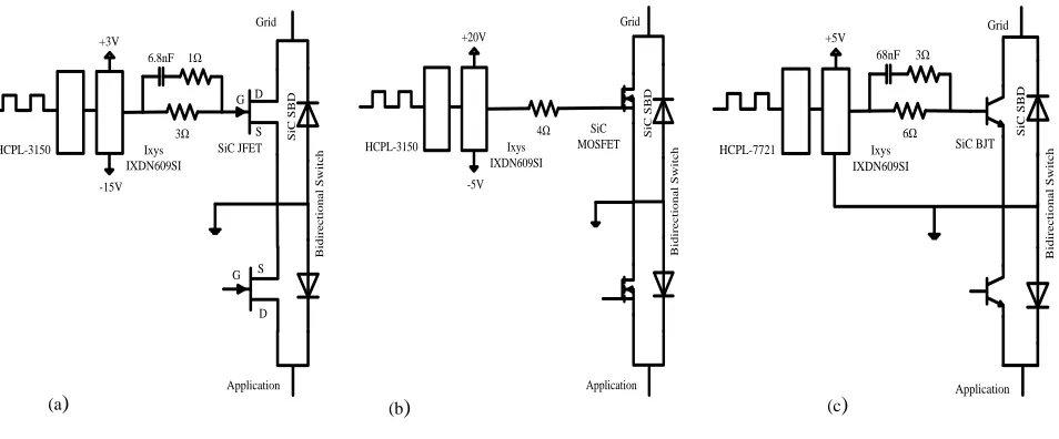 Fig.  3. A schematic diagram of  drive circuits for  SiC  devices. (a) Gate drive  of SiC JFET.(b) Gate drive of SiC MOSFET.(c) Base drive of SiC BJT 