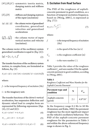 Table 3 provides the values of the roughness coefficient concrete pavement in good condition, according Csp and wave number N for the asphalt- to (Wong, 2001).