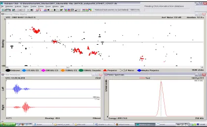 Figure 2.3 - Rainbow Click during a harbour porpoise ‘single-track’ detection. Porpoise clicks are shown by red triangles and unidentified clicks by black dots