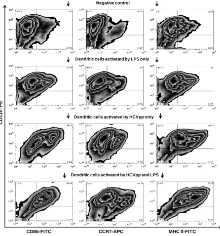 Figure 3.  FACS analysis of bone-marrow derived DC of BALB/c mice, identified by expression of CD11c, after 7 days of maturation, followed by incubation with different agents