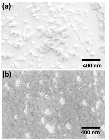 Figure 5: SEM images of Cu nucleation and growth on a MBP0-SAMon Au/Ag/Mica prepared at 65 °C for 24 h