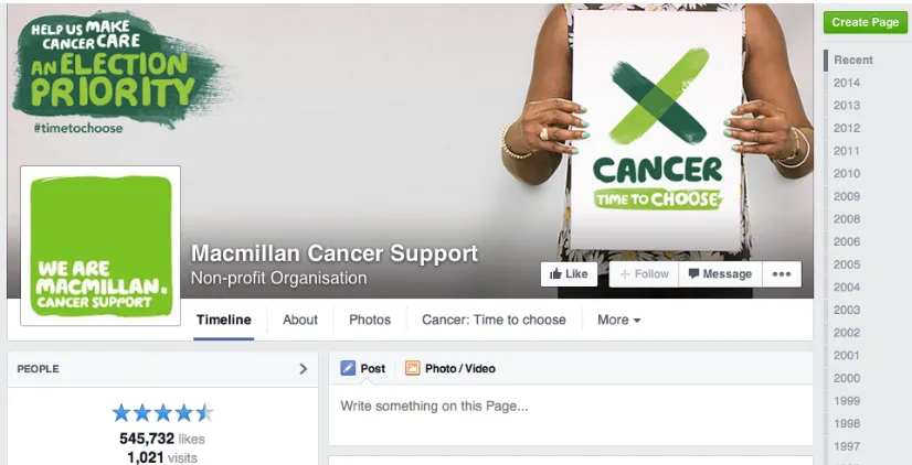 Figure 7.5: Screenshot of Macmillan Cancer Support’s main Facebook page. Source: Macmillan Cancer Support Facebook, 2014