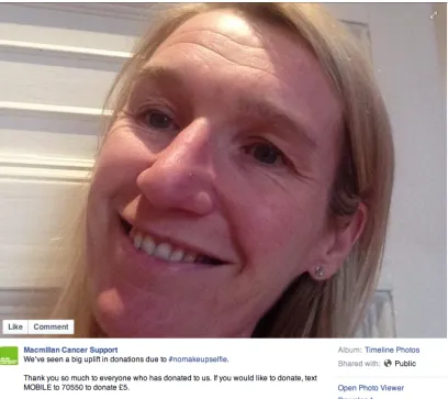 Figure 7.8: Screenshot of No Make-up Selfie post by Macmillan Cancer Support on its main Facebook page