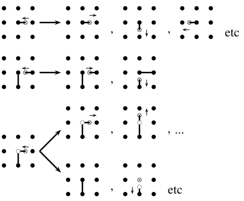 FIG. 13. First stage of a Monte Carlo update. After a node Pand one on a link connected to isselected, a sequence of dimer rearrangements is performed, startingwith creation of a pair of monomers of opposite charges—one on P P