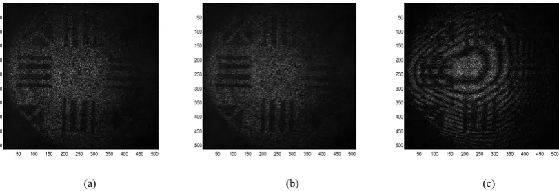Figure 5.  The recorded speckle pattern. (a) After deformation, (b) before deformation, (c) speckle fringe correlation 
