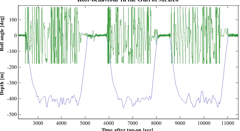 Figure 2.2 A typical dive profile from a sperm whale in the Gulf of Mexico (Sw01_200), showing three examples of dives and the roll-angles, illustrating the roll-behaviour in green above each of the dives