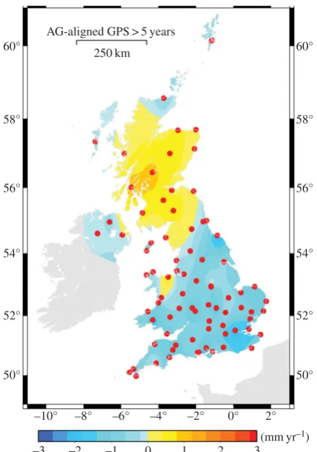 Figure 8. Estimate of the vertical land motion across the UK derived from a GNSS solution provided by the NERC British Islescontinuous GNSS Facility (BIGF)