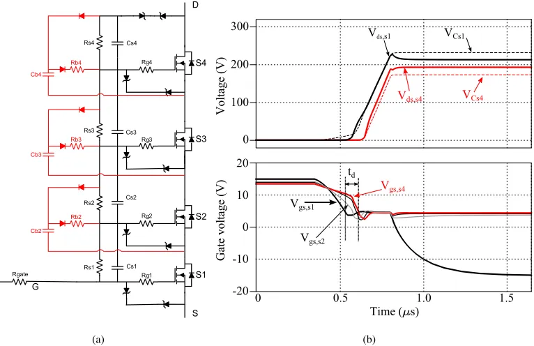 Fig. 12.A modiﬁed QAGC switch with 4 MOSFETs in series stack (a) schematic (b) turn-off transients from SPICE simulation