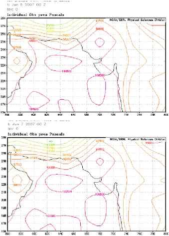 Figure 8.  Examples of atmospheric pressure drop over the northern Arabian Sea and Gulf of Oman during Cyclone Gonu