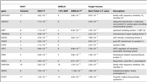 Table 3. SKAT and AMELIA analysis results using primary controls, ranked by SKAT P value.
