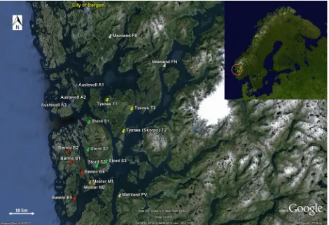 Figure 2. Location of 16 Bufo bufo study populations in Norway.