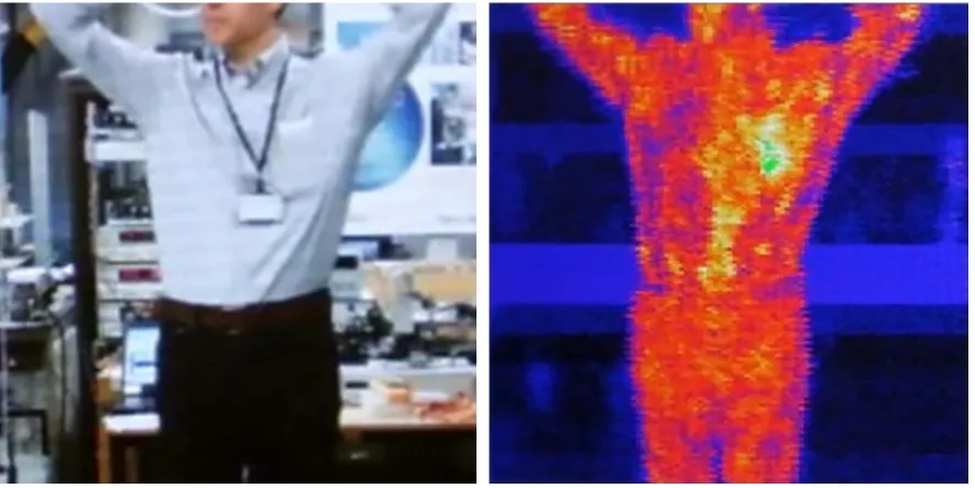 Figure 7.  Example visible image of the author as viewed by the radar (left) and corresponding raw image frame of maximum intensity obtained by the radar (60 dB colour scale) (right)