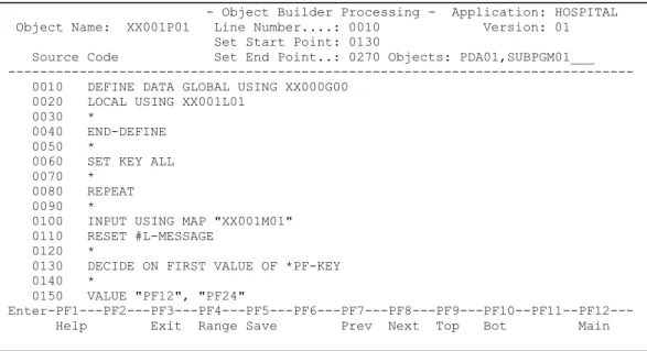 Figure 1-4 Object Builder Processing screen with Object Builder line range criteria specified 