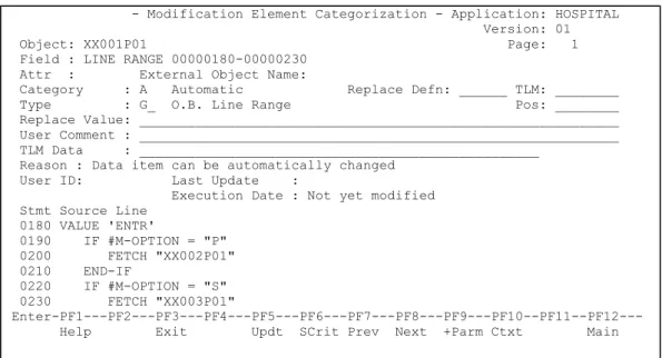 Figure 1-9 Modification Element Categorization screen displaying the Modification criteria for object  XX001P01 