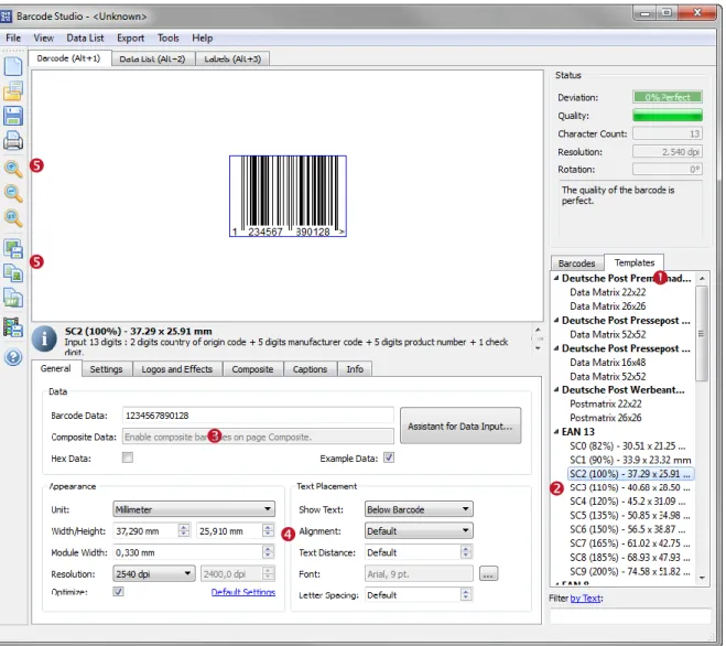 Figure 2: Quick-Start with Templates – Barcode Studio Main Window 