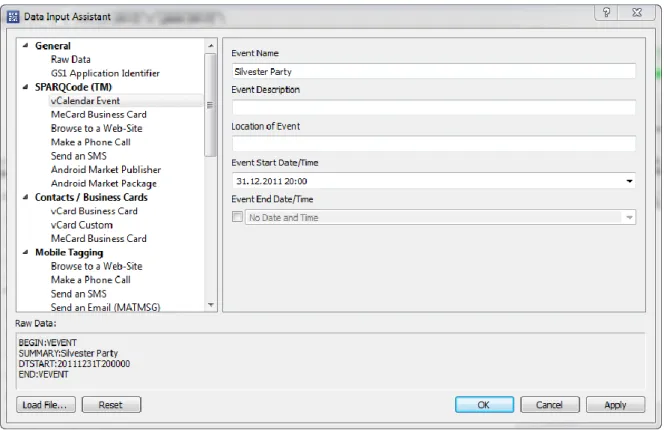 Figure 10: Data Input Assistant – vCalender  Example GS1 Application Identifier: 