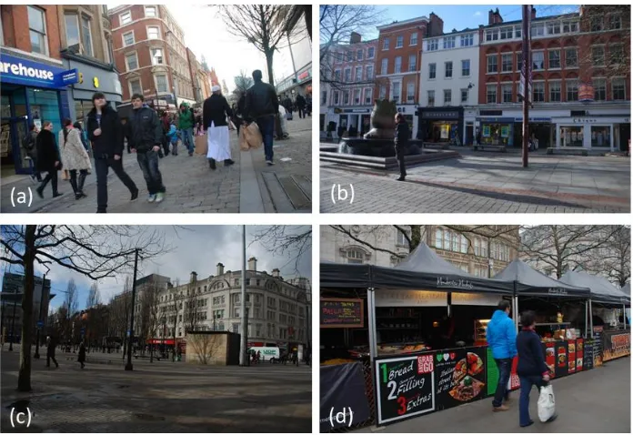 Figure 1 Snapshot of the locations; (a) Market Street; (b) St Ann Square; (c) Piccadilly Garden; and (d) Food Market at Piccadilly Garden 