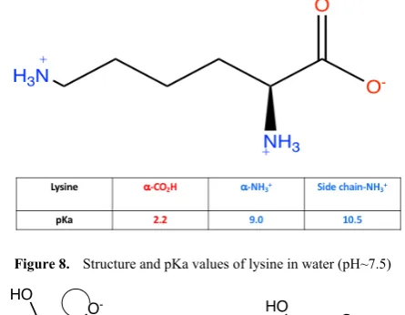 Figure 8.  Structure and pKa values of lysine in water (pH~7.5) 