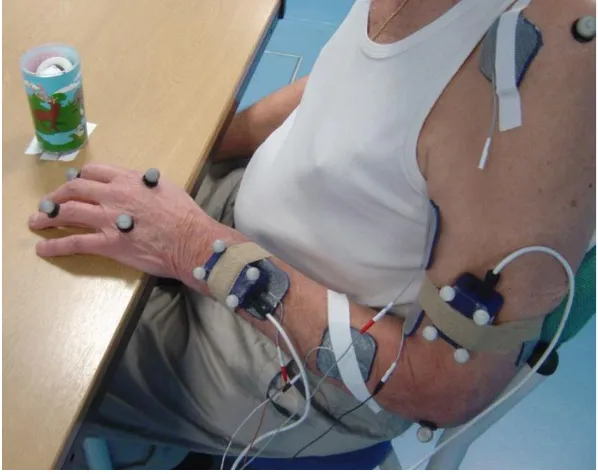 Figure 2 shows the experimental setup for the “Drink from a cup” task. Two inertial sensing units or IMUs (MT9 Xsens bv, NL), each with a cluster of four reflective markers on their upper corners, were attached to the upper arm and forearm of the subject’s