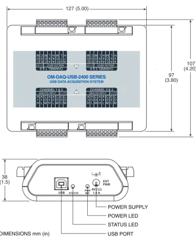 Figure 3-1.  OM-DAQ-USB-2401 Hardware and Dimensions