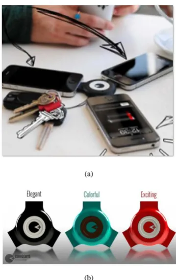 Figure 6.  (a) Demonstration of power transfer from one phone to the other using ChargeBite, (b) ChargeBite in three different color combinations [58] 