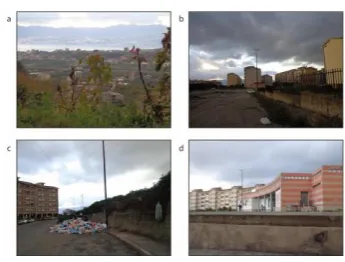 Fig. 2. Arghillà.  a) View from the area; b) Lack of maintenance; c) Lack of services; d) Underutilized public spaces (Authors’ photographs) 